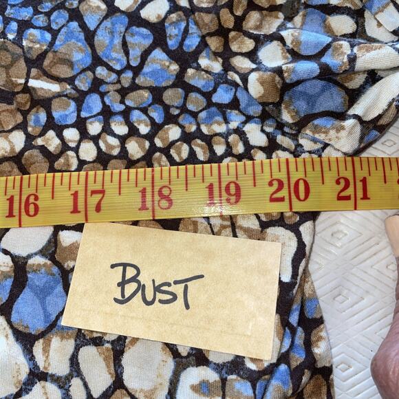 Abstract Animal Print Cowl Neck Tunic Top Sharkbite Hem 3/4 Sleeve Slinky Boho L - Picture 6 of 12